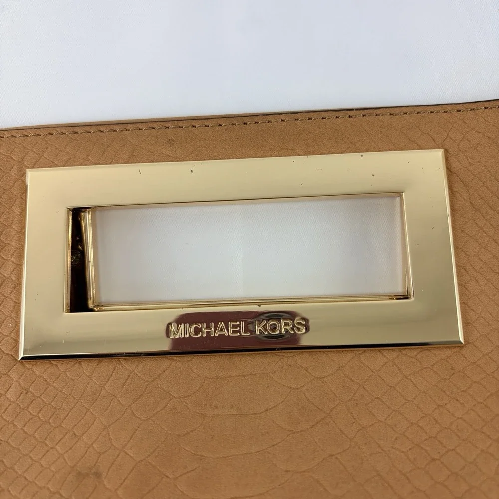 Michael Kors Tan Snakeskin Embossed‎ Leather Clutch Gold Frame